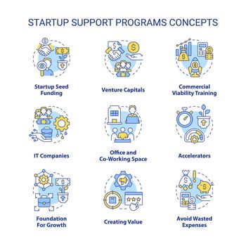 Startup support programs concept icons set