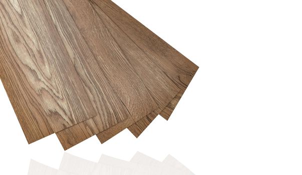 Vinyl tiles sample for interior designer. Wood pattern vinyl tile. Vinyl flooring material isolated on white background. Polymer vinyl sheet set for new home floor. PVC material. Plastic tile set.