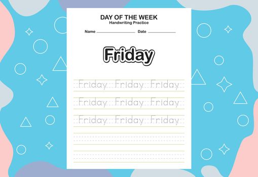 Day name of the week trace and writing practice sheet
