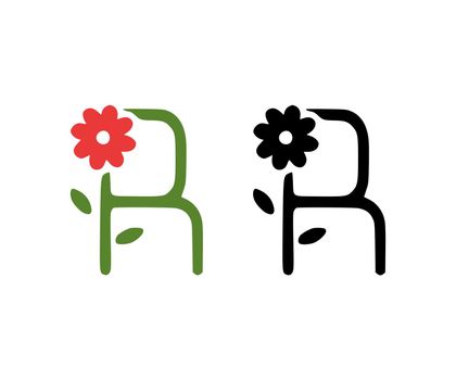 Letter R and red flower doodle icon