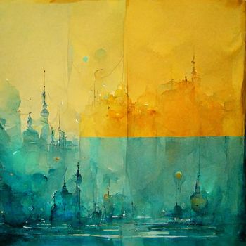 Abstract city buildings on yellow and blue watercolor painting background.