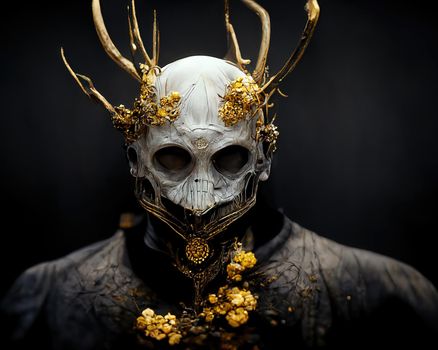 Man wearing a golden mask and antler covered in gems, 3d Illustration