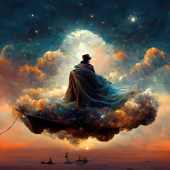 Digital art of magician with cowl in a boat, 3d illustration