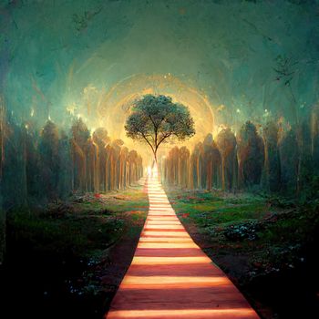Surreal path of gratitude in forest with amazing light, 3d illustration