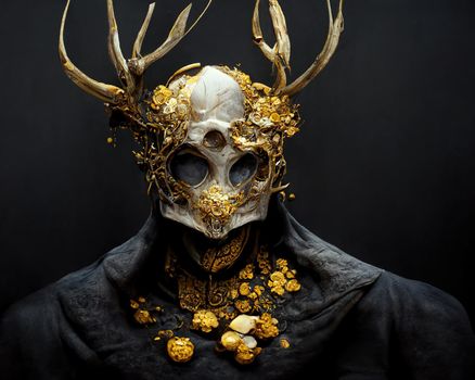 Man wearing a golden mask and antler covered in gems, 3d Illustration