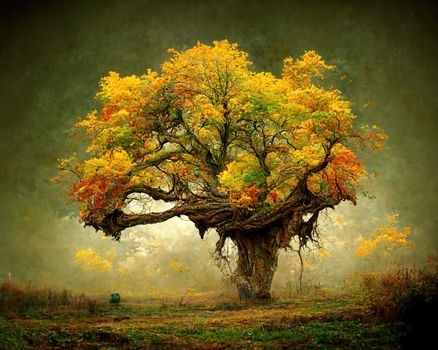Digital art of old big tree with amazing branches, 3d illustration