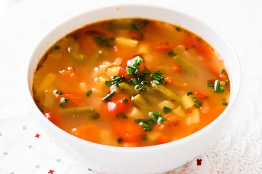 Hot vegetable soup in bowl, comfort food and homemade meal