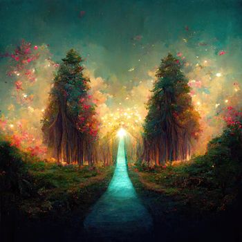 Surreal path of gratitude in forest with amazing light, 3d illustration