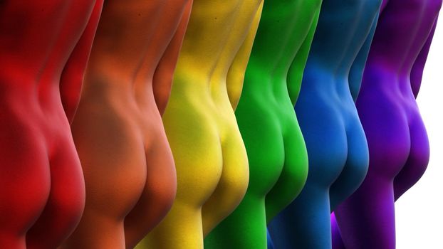 3d illustration. Close-up of multicolored naked female buttocks. Rainbow. metal.