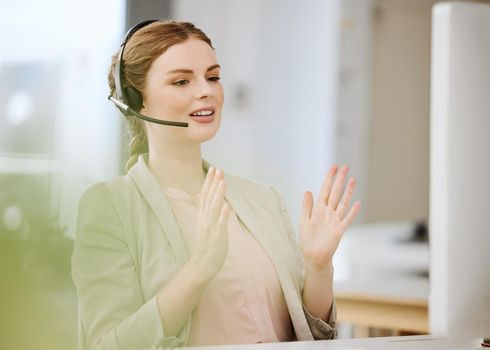 Call center, sales representative or support agent woman with mission, growth mindset and goal explaining service in virtual call. Telemarketing professional or consultant with headset talking online