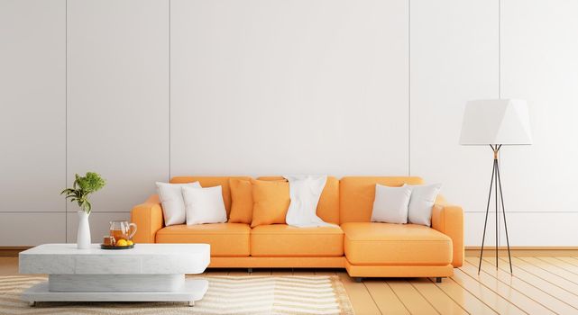 Cozy orange sofa in modern white wooden wall in empty room with plants orange juice carpet and floor lamp on wooden planks parquet floor. Architecture and interior concept. 3D illustration rendering