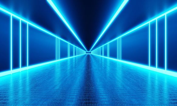 Empty room with infinity walkway and blue neon light background. Abstract and technology concept. 3D illustration rendering
