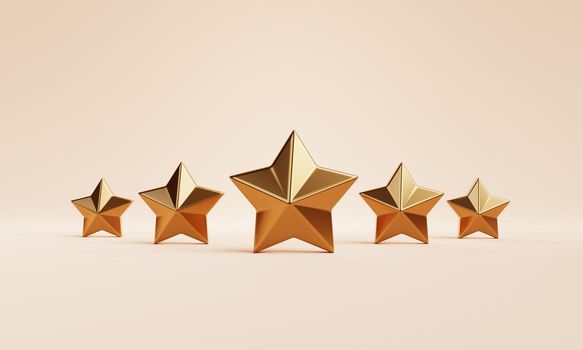 Five golden stars feedback rank vote on orange background. Opinion and marketing survey concept. 3D illustration rendering