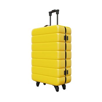 Yellow trolley suitcase on isolated white background. Travel object and wanderlust concept. 3D illustration rendering