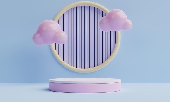Minimal product podium stage in colorful pastel color and geometric shape and minimal cloud for presentation background. Abstract background and decoration template concept. 3D illustration rendering