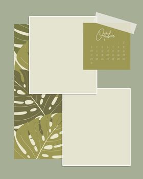 Calendar October 2022 template collage vintage for notes reminder to do list scrapbooking with autumn monstera leaves.