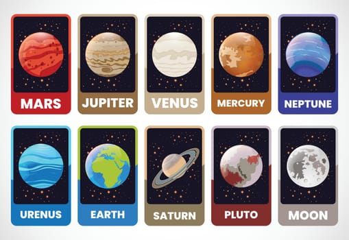 Space flashcards for kids. Educational material for schools and kindergartens. Vector illustration