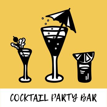 Black and white cocktails with bubbles, umbrella, berry, lemon and orange slice. Icon. Phrase Cocktail party bar.