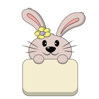 Cute Rabbit with poster without text. Draw illustration in color for congratulation
