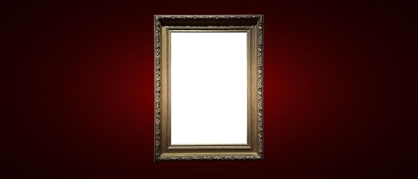 Antique art fair gallery frame on royal red wall at auction house or museum exhibition, blank template with empty white copyspace for mockup design, artwork