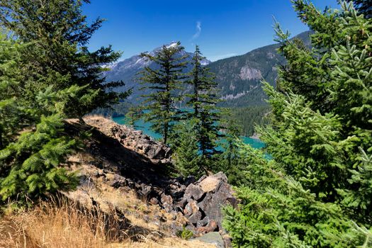 Glacier mountain lake in the north Cascades of Washington State with evergreen trees in foreground  