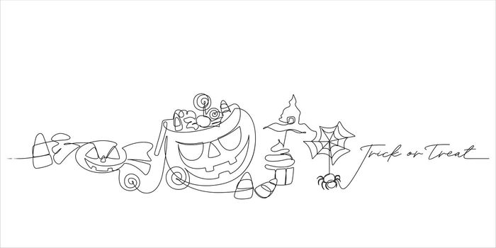 set of halloween sweet celebration party in continuous line drawing style vector illustration