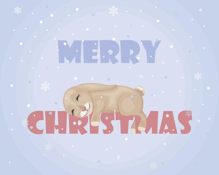 Christmas illustration. An image of a rabbit, a symbol of the new year. The rabbit lies on the inscription merry Christmas. Festive illustration. Vector