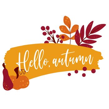 Hello autumn lettering with pumpkin foliage and berries card