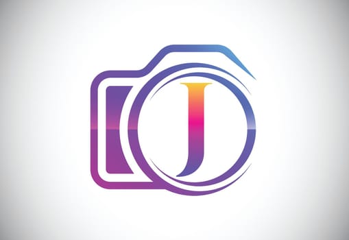 Initial J monogram letter with a camera icon. Logo for photography business, and company identity