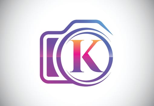 Initial K monogram letter with a camera icon. Logo for photography business, and company identity