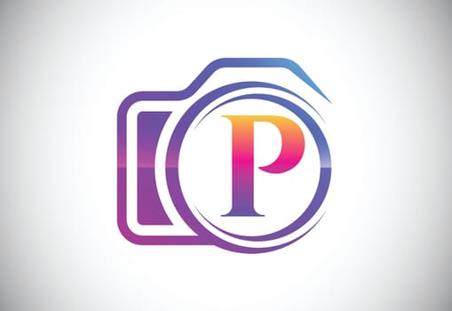 Initial P monogram letter with a camera icon. Logo for photography business, and company identity