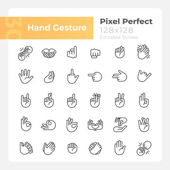 Hand gestures pixel perfect linear icons set