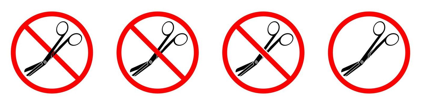 Scissors ban sign. Scissors prohibition signs set. No scissors sign.