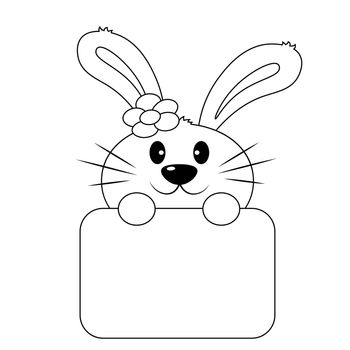 Cute Rabbit with poster without text. Draw illustration in black and white for congratulation
