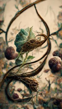 Digital art of dried seeds with vines, 3d Illustration