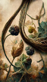 Digital art of dried seeds with vines, 3d Illustration