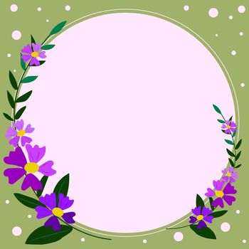Frame With Leaves And Flowers Around And Important Announcements Inside. Framework With Different Plants All Over And Crutial Informations In. Floral Circle With Recent Ideas.