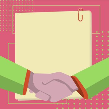 Two Colleagues Shaking Hands Accomplishing Deal With Pack Of Paper On Background. Pile Of Papers Clipped Together Representing Finished Contract For Business Start