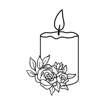 Candle with flowers hand drawn. Vector burning candle sketch isolated on white background