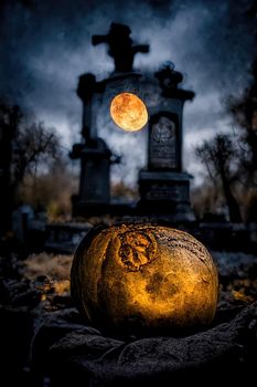 Pumpkins in the graveyard, spooky night, 3d Illustration