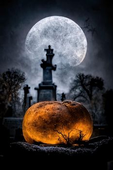 Pumpkins in the graveyard, spooky night, 3d Illustration