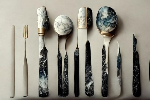 Cutlery set sculpture, baroque style marble, 3d Illustration