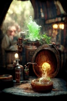 Magic potion barrel, digital art style, 3d Illustration