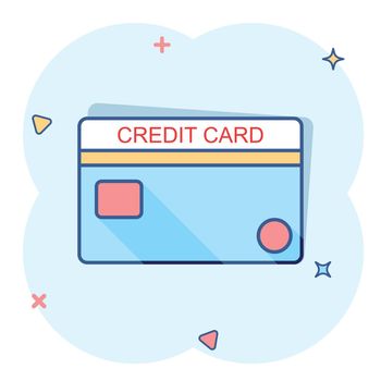 Credit card icon in comic style. Money payment cartoon vector illustration on white isolated background. Financial purchase splash effect business concept.
