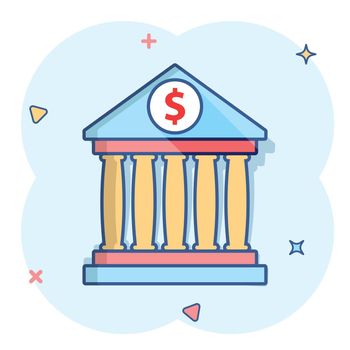 Vector cartoon bank building with dollar sign icon in comic style. Bank sign illustration pictogram. Building business splash effect concept.