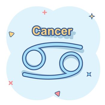 Vector cartoon cancer zodiac icon in comic style. Astrology sign illustration pictogram. Cancer horoscope business splash effect concept.