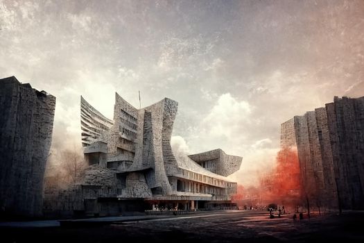 Brutalism architecture view, digital art, 3d illustration