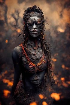 Tribal woman with face mask covered with mud, 3d Illustration