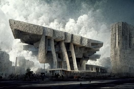 Brutalism architecture view, digital art, 3d illustration
