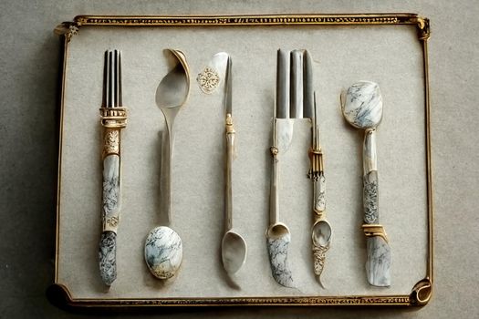 Cutlery set sculpture, baroque style marble, 3d Illustration